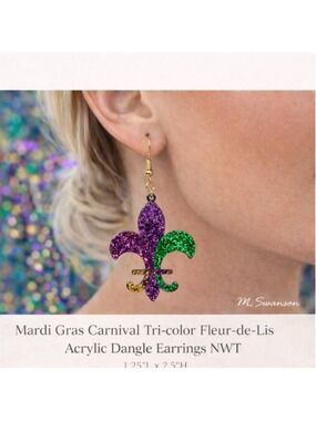 NEW Fleur de Lis Tri-color Dangle Earrings Mardi Gras Carnivale Lightweight NWT